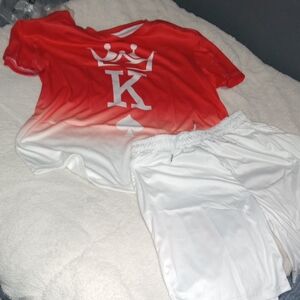 Red and White Men's Graphic T-Shirt and Shorts Set